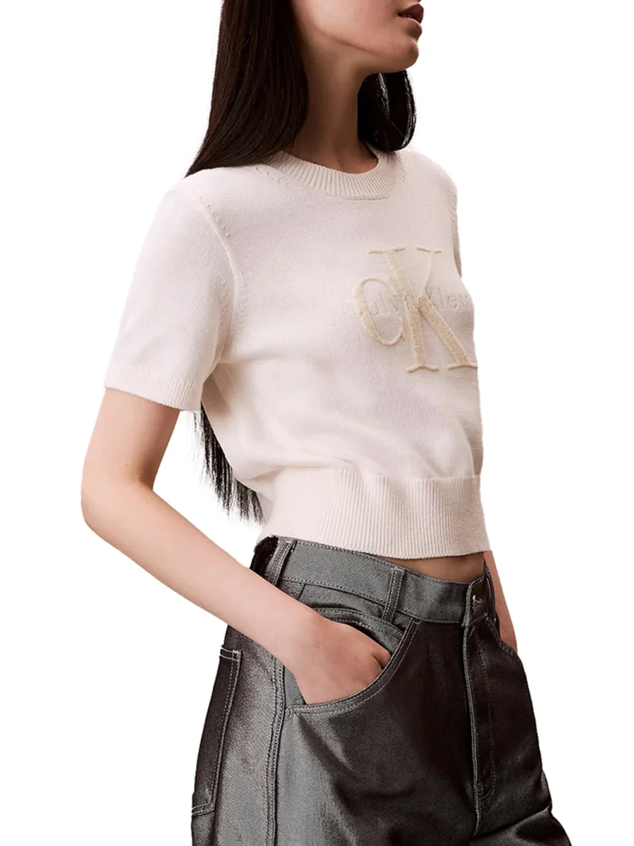 Maglia Calvin Klein A Maniche Corte Monologo - Crema - immagine 4