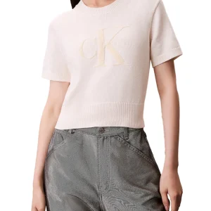 Maglia Calvin Klein A Maniche Corte Monologo - Crema