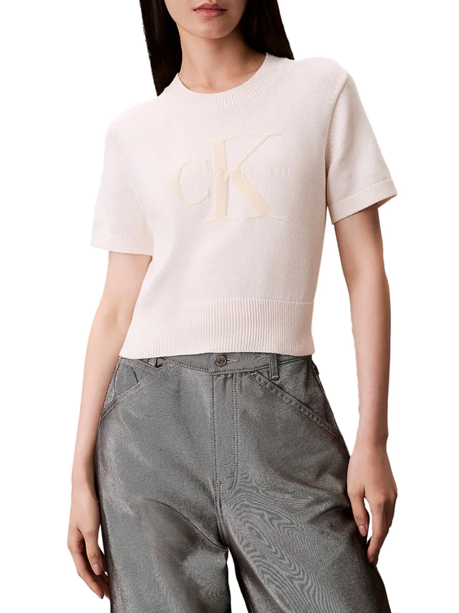 Maglia Calvin Klein A Maniche Corte Monologo - Crema - immagine 2